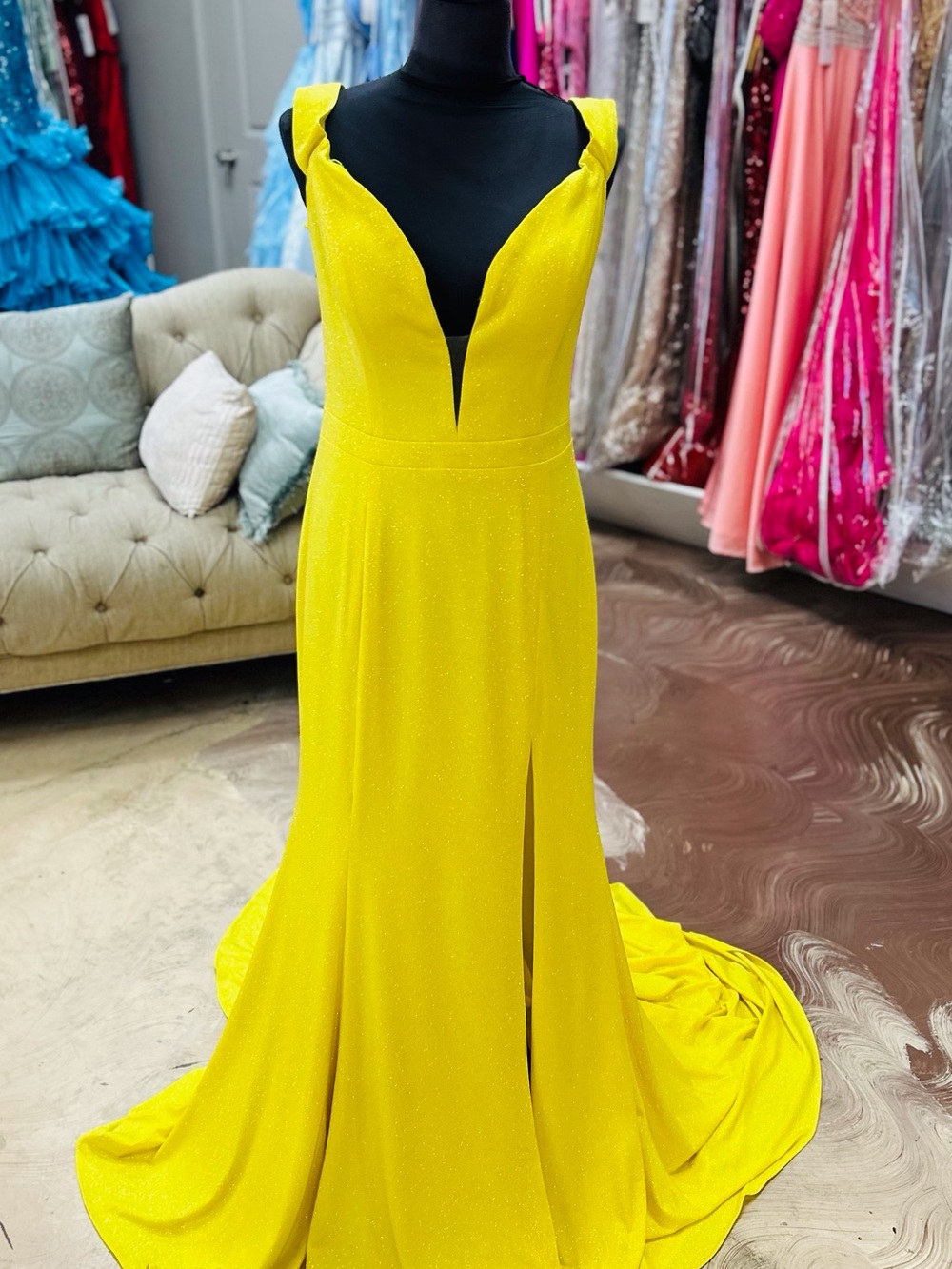 Mon Cheri Bright Yellow Plunging V Evening Gown